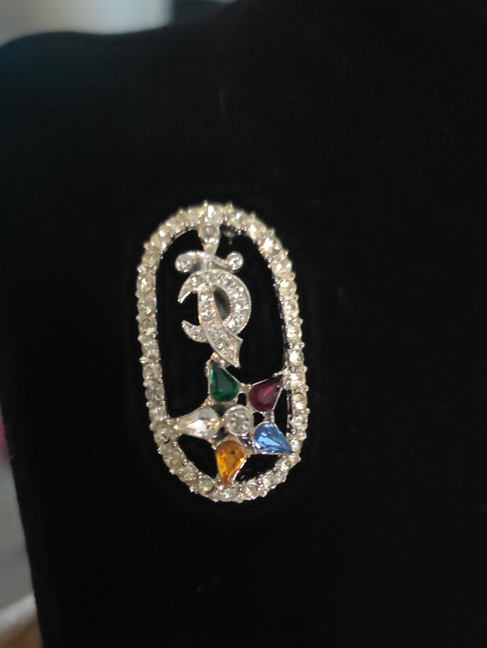 Crystal-Accented Oval Brooch with Multicolor Gem Accents - Silver Tone